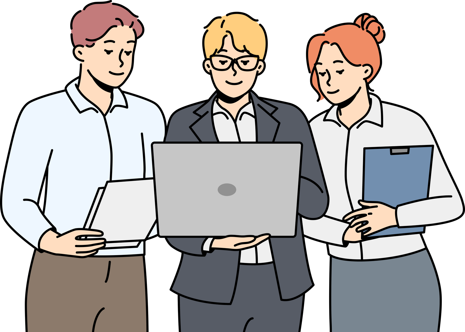 Business People Stand Together, Look to Computer.
